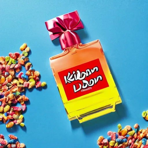 Image similar to a bottle of By Kilian 'Love Don't Be Shy' perfume, the bottle of perfume is laying on cereal, the cereal is Kelloggs Fruity Pebbles, high resolution photo,