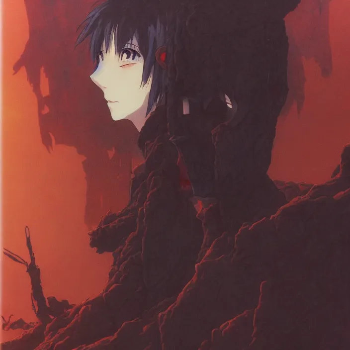 Image similar to Jake Fried, close up of lain iwakura, lain, lain iwakura, Albedo from overlord, red Beksinski Finnian vivid Wojtek William to eye, hellscape, mind character