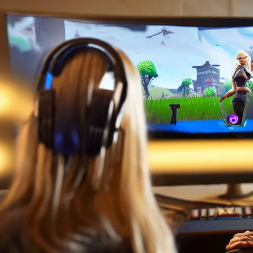 Prompt: view from behind of a female with long blonde hair wearing headset watching monitor displaying fortnite, intricate detail, cinematic composition