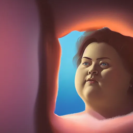 Image similar to the huge fat woman's head is on the in the closet, hiding from the darkness. medium shot. beautiful colors, great lighting. fantastic movie scene. subsurface scattering shiny skin. beautiful lighting, 4 k post - processing, trending in art station, cg society, highly detailed, 5 k extremely detailed, 3 d. cinematic scene. sharp image.