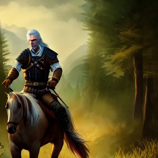 Image similar to Geralt of Rivia riding a horse in forest, 4k, artstation, cgsociety, award-winning, masterpiece, stunning, beautiful, glorious, powerful, fantasy art