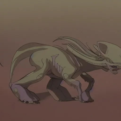 Image similar to concept art painting of an alien animal creature, detailed, cel shaded, in the style of makoto shinkai and moebius and james gurney