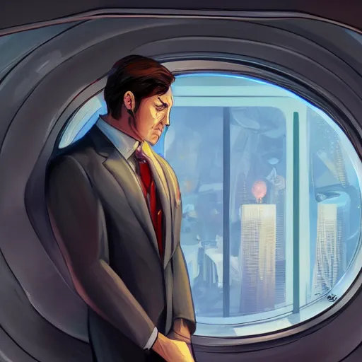 Image similar to A rich man in a suit looking out of the window of a space station ,D&D, elegant, hopeful, muscular, highly detailed, digital painting, artstation, concept art, smooth, sharp focus, illustration