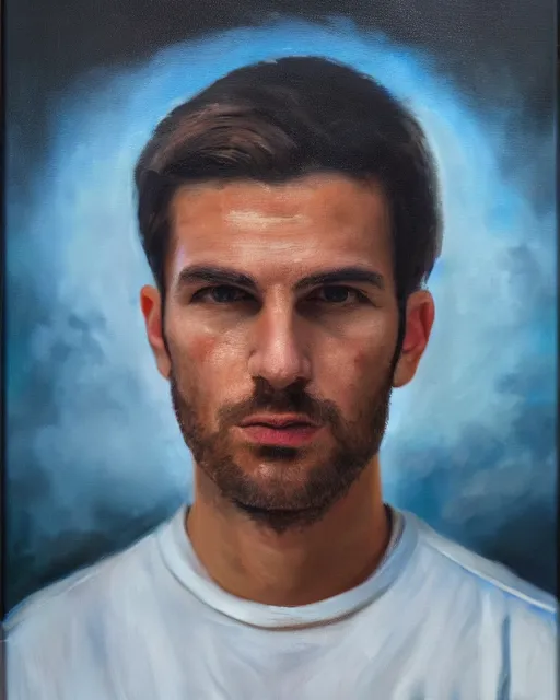 Image similar to oil painting portrait of patric bateman, serbian flag background, cinematic lighting, high production value, intricate details, high resolution, hdr, high definition, masterpiece, realistic, ultrarealistic, highly detailed, hd, sharp focus, non blurry, sharp, smooth