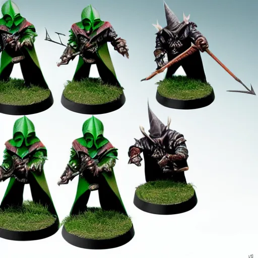 Image similar to night goblin wearing pointy hoods, warhammer fantasy, green skin