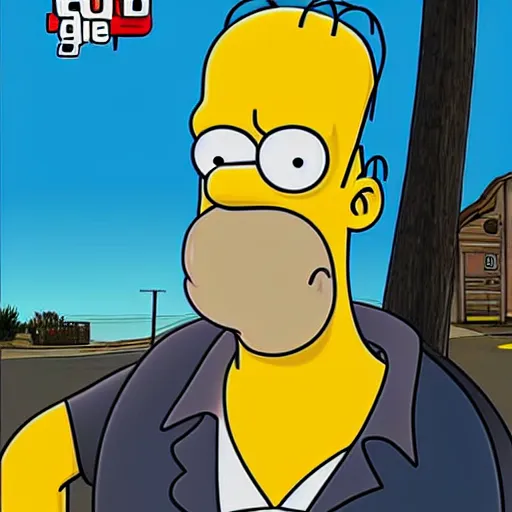 Image similar to Homer Simpson in GTA V, cover art by Stephen Bliss, artstation, no text