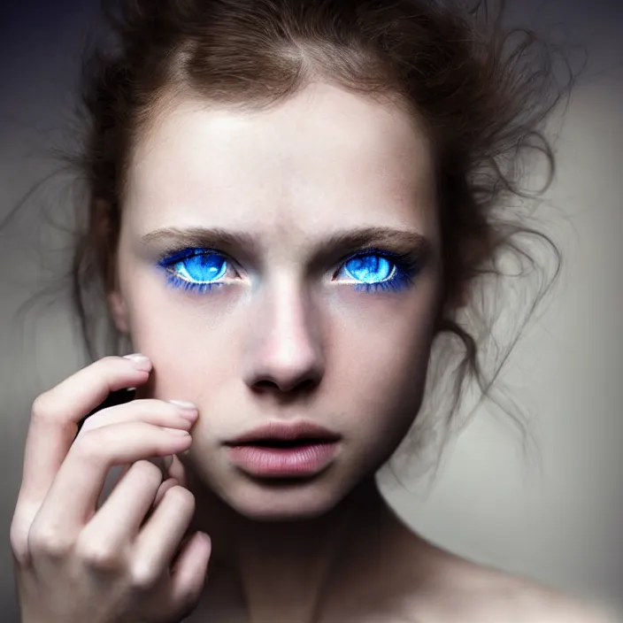 Prompt: dramatic photographic Close-up face of a extremely beautiful girl with blue eyes and light brown hair ,four fingers maximum, high light on the left, non-illuminated backdrop, illuminated by a dramatic light, Low key lighting, light dark, High constrast, dramatic , Flora Borsi, Alessio Albi, Steve Mccurry, Lee Jeffries , Norman Rockwell, Craig Mulins ,dark background, high quality, photo-realistic, 8K,