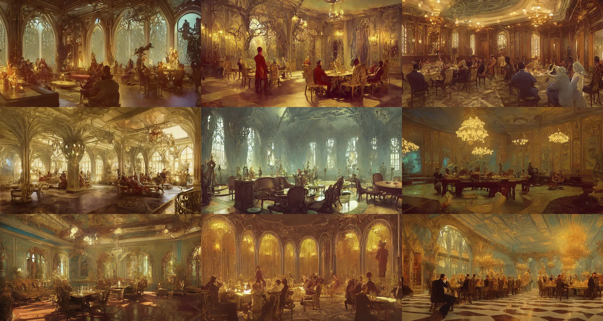 Prompt: royal dinner room, art nouveau architecture, fantasy, art by joseph leyendecker, ivan aivazovsky, ruan jia, reza afshar, marc simonetti, alphonse mucha