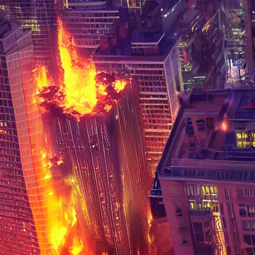 Prompt: wide angle shot from aerial view of skyscraper on fire at night, with police and firetrucks on street, police car lights, 4 k highly detailed art, concept art, trending on artstation, alphone mucha, artgerm, greg rutkowski, octane render, cinematic lighting, intricate, sharp focus