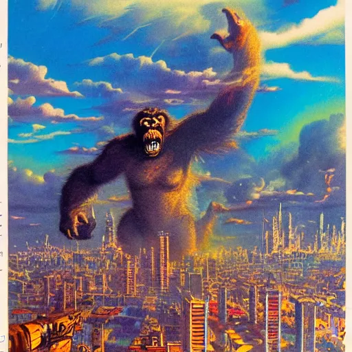 Prompt: king kong attacking a city, vibrant colors, colorful clouds, gorgeous lighting, bruce pennington
