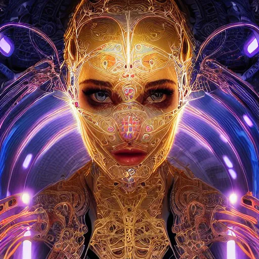 Prompt: very beautiful woman integrating with technology, full face frontal centered, portrait, insipiring, detailed intricate ornate neon pulsating cables connected to head, brilliant eyes, luxurious detailed abundent wiring and implants, gold, renaissance, sci - fi, detailed technology background with cyber flowers and insects, dramatic lighting, photography, highly detailed, artstation, 8 k,