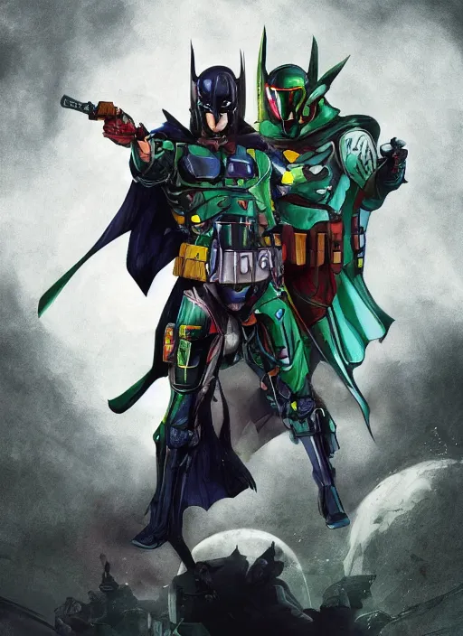 Image similar to batman x boba fett, digital art, character mashup, epic lighting, combination art