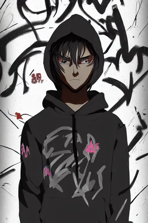 Prompt: anime young guy wearing black hoodie leaning against a wall with japanese graffiti, wlop, concept art, digital painting, trending on artstation, highly detailed, epic composition, 8 k uhd