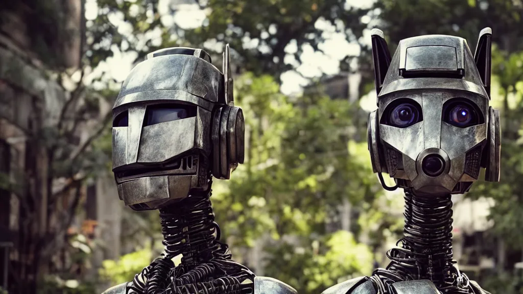 Prompt: film still from the movie chappie of the robot chappie shiny metal outdoor park plants garden scene bokeh depth of field furry anthro anthropomorphic stylized cat ears head android service droid robot machine fursona