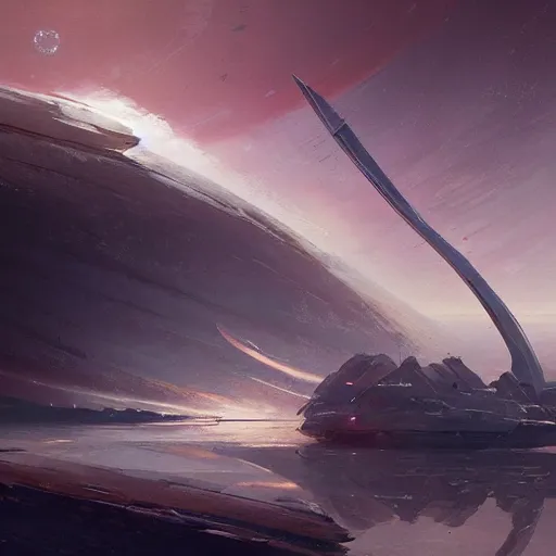 Image similar to concept art of a large space vessel in the shape of an spear by greg rutkowski