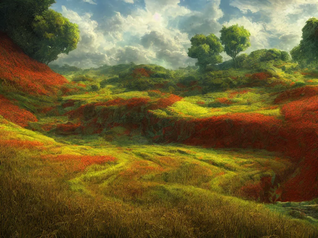 Prompt: Intricate detailed lush ravine with a single isolated red barn next to a wheat crop at noon. Wide angle shot, surreal, dreamlike, Artstation, Marc Simonetti.