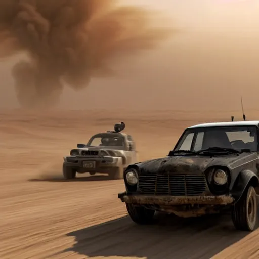 Image similar to A black car Yugo Koral 45 produced by Zastava is speeding through the post-apocalyptic dessert wasteland towards the camera, in the background a huge sand storm is raging, a movie still from Mad Max: Fury Road (2015), three-quarter shot from high angle, Oscar winning cinematography, 4k