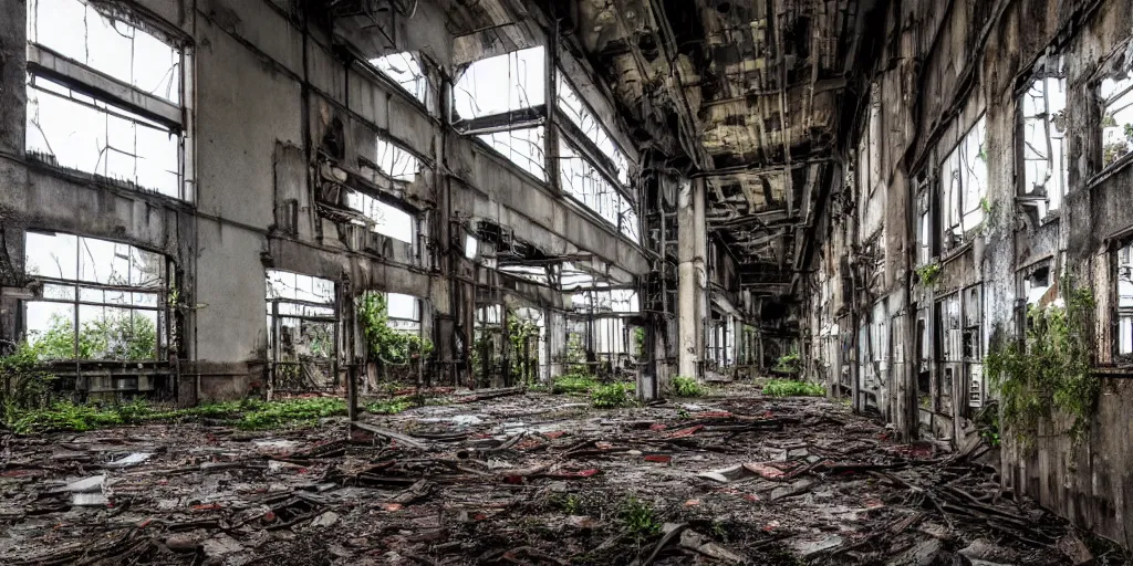 Image similar to urban exploration, abandoned places, urban decay, old factory, rundown industrial area, urban exploration photography, overgrown factory, disused power plant