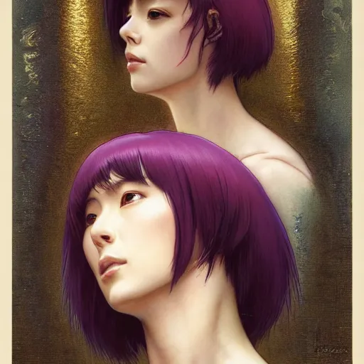 Image similar to Masterpiece head and shoulder portrait of Major Motoko Kusanagi from Ghost in the Shell drawn by Donato Giancola and Tom Bagshaw, face by Artgerm and Edmund Leighton, Alphonse Mucha, background by James Jean and Gustav Klimt, 4k, porcelain skin, komorebi, french nouveau, trending on pixiv, octane render, hyperrealistic