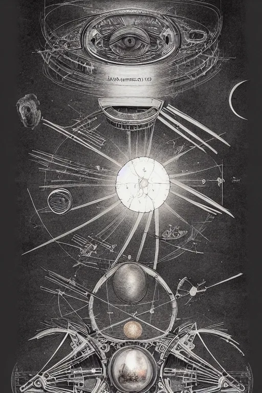 Prompt: a full page cad drawing by leonardo da vinci of a man moon, robotic eye, deconstructed, exploded view, flat, ink on paper, scientific, highly detailed labeling, measurements, schematics, super smooth lines, clean edges, smooth details, 8 k uhd, peter mohrbacher, moebius