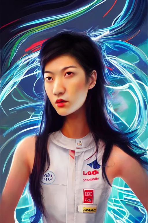 Image similar to portrait beautiful asian female formula one racer, wearing formula one racer uniform, at formula one racing car repair room, ssci-fi, fantasy, intricate, very very beautiful, elegant, human anatomy, neon light, highly detailed, digital painting, artstation, concept art, soft light, smooth, sharp focus, illustration, art and details by Brook Shaden