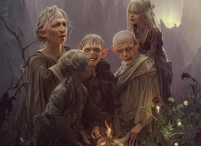 Image similar to a dramatic highly detailed render of Gollum family , Middle-earth , by WLOP and Artgerm and Greg Rutkowski and Alphonse Mucha, Beautiful dynamic dramatic dark moody lighting, shadows, cinematic atmosphere, Artstation, Octane render, 8K, masterpiece, sharp focus, hyperrealistic, photograph