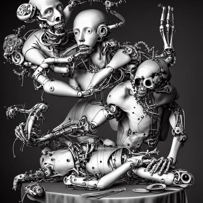 Image similar to still life of two biomechanical cyborg male lovers laying on a table, pastel flowers on a table, surreal alien ribbed pastel fruit, white human spine, baroque painting, beautiful detailed intricate insanely detailed octane render trending on Artstation, 8K artistic photography, photorealistic, chiaroscuro, Raphael, Caravaggio beautiful BW monochrome