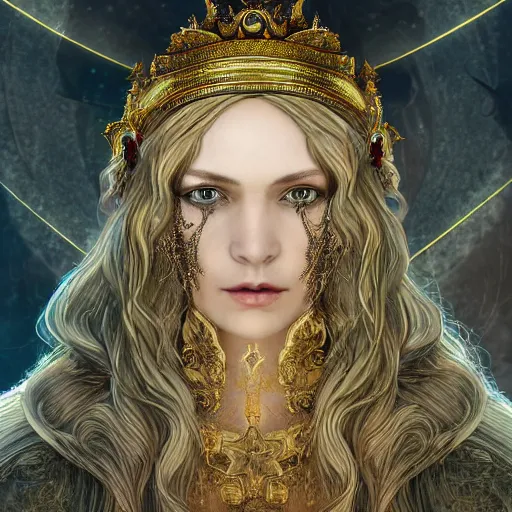 Image similar to highly detailed sharp photorealistic portrait of a beautiful lithuanian female priestess with shimmering hair, symmetrical face and eyes, dressed in intricate flowing silk, the silky cloth lined with golden glowing letters, cgsociety, Elden Ring, Dark Souls, Bloodborne H 640