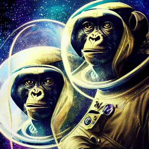 Image similar to double exposure portrait of astronaut and a chimpanzee astronaut with space and time in the the background by davinci, circles, psychedelic, pencil art, high definition, dynamic lighting stars, sharpness, golden ratio