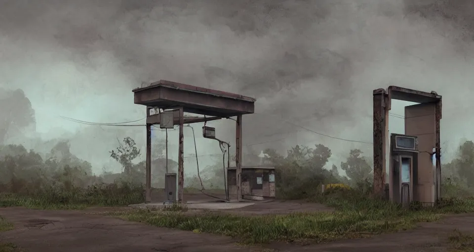 Prompt: Old abandoned gas stations on the side of the road to nowhere, evil, demonic, enchanting, misty, haze, cloudy, angelic, flowers, nature, environment concept, cinematic, cgsociety, dim and dark lighting, cinematic, intricate details, 8k detail post processing, hyperealistic, photo realism, by Edward Hopper