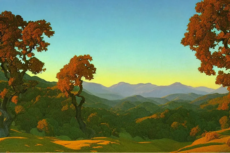 Prompt: masterpiece painting of oak trees along the ridge at dawn, by a. j. casson and john watkiss and edward okun and erin hanson and dan munford and maxfield parrish and j. c. leyendecker