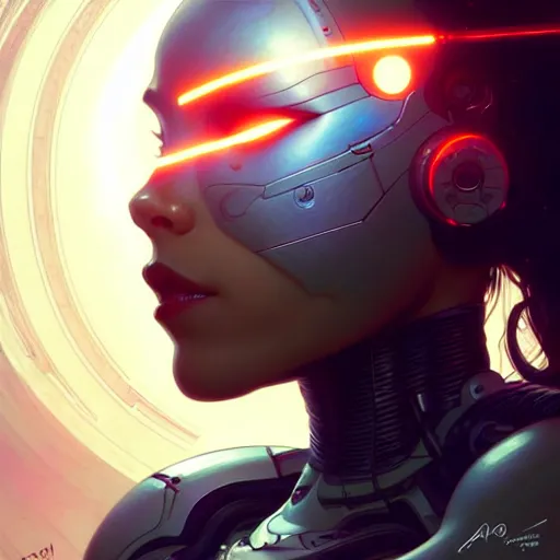 Prompt: cyborg, female, science fiction, portrait, highly detailed, digital painting, beautiful eyes, symmetry, concept art, sharp focus, illustration, art by artgerm and greg rutkowski and magali villeneuve and ilya kuvshinov! : : alphonse mucha : : - 0. 2