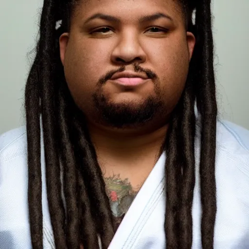 Image similar to photo of chubby black bjj athlete with long dreads posing, serious face, white belt