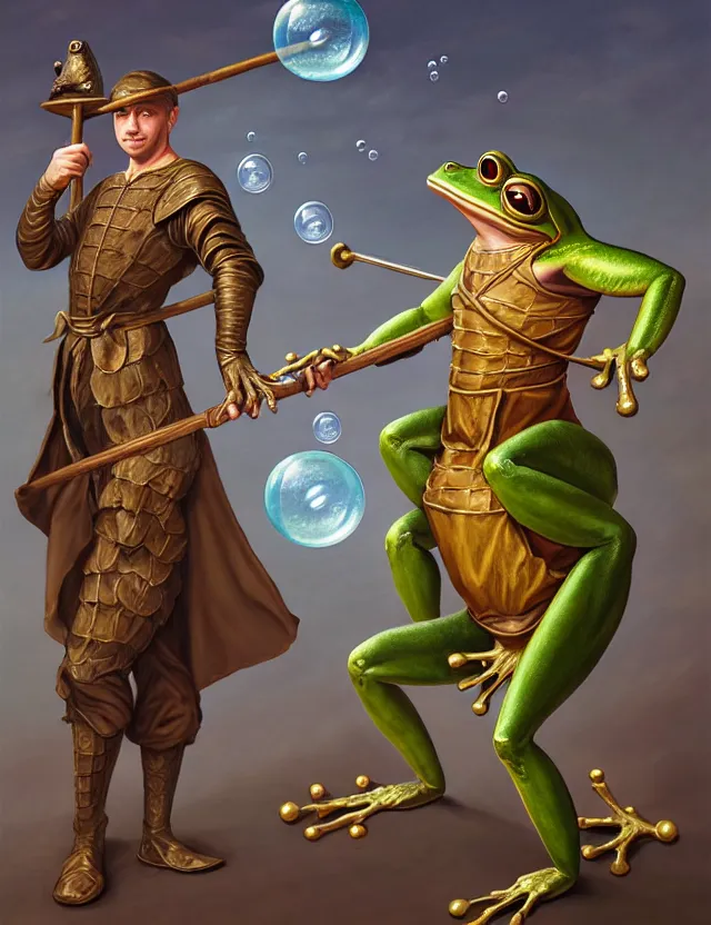 Prompt: anthropomorphic bipedal frog that is dressed as a renaissance fighter, and holding a giant flail, as a matte oil painting and d & d character art, by alex grey, standing, fullbody, floating bubbles, mystic, fog, fractals, spirals, concept art, award - winning, extremely detailed, sharp focus