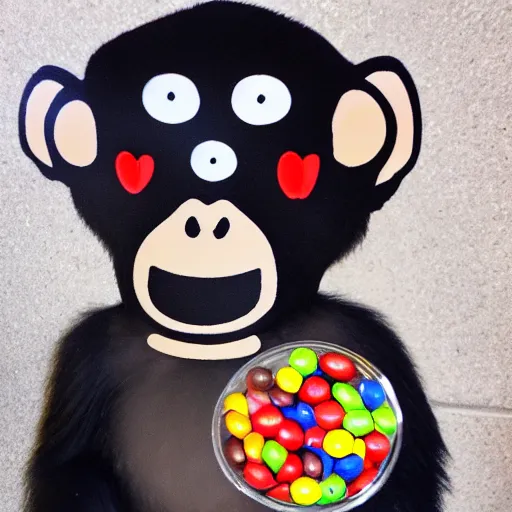 Image similar to monkey but his eyes are made of m & ms