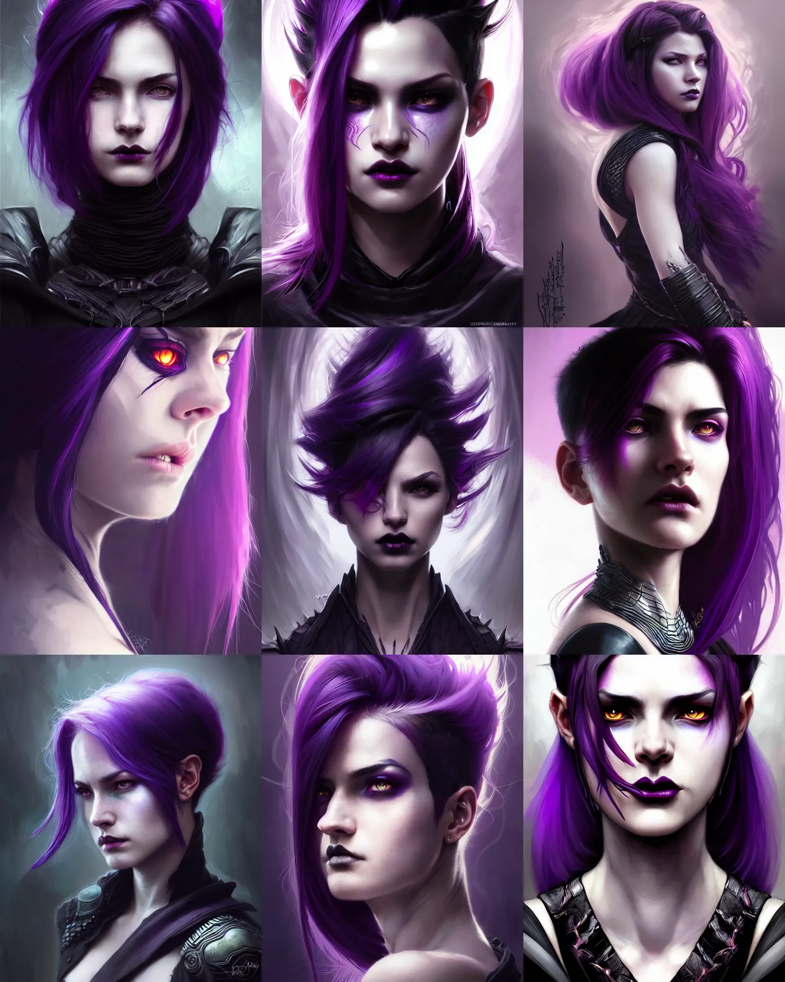 Prompt: portrait rugged girl, dark supervillain sorceress, dragon scales, fantasy magic, undercut hairstyle, long purple black fade hair, dark light night, intricate, elegant, sharp focus, illustration, highly detailed, digital painting, concept art, matte, art by WLOP and Artgerm and Greg Rutkowski and Alphonse Mucha, masterpiece