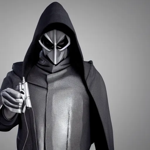 Image similar to masked villain with a dark cloak and a light grey jumpsuit holding a big iron revolver and turning his head at a 3 0 degree angle ( highly detailed, photo - realistic, hyperrealistic, flashing lights, greatly illustrated, uhd, 4 k render image )