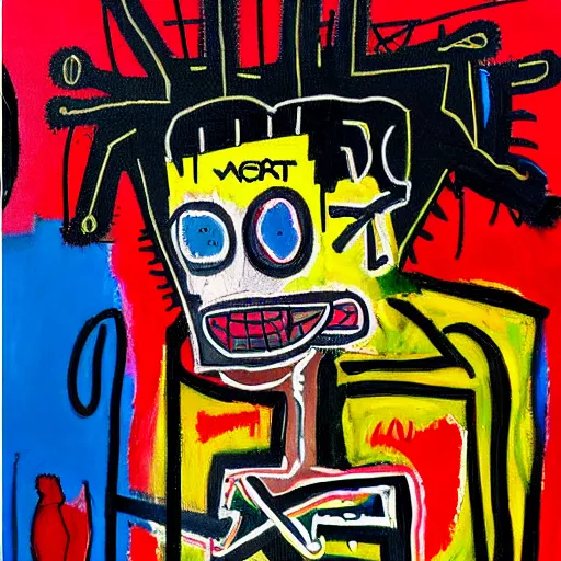 Prompt: detailed abstract neo expressionism chaotic oil painting of sad boy business man depressed with tattoos by basquiat