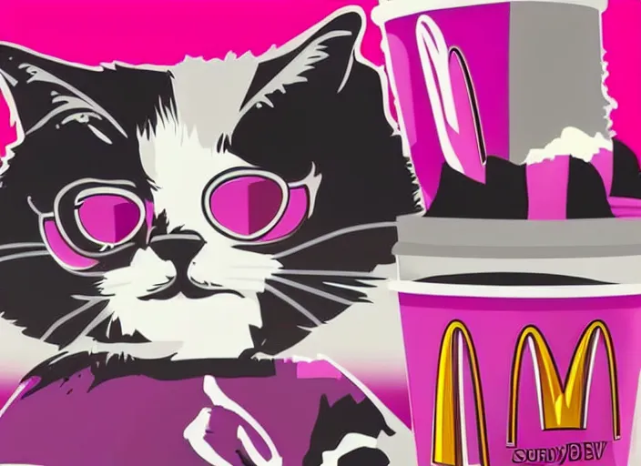 Prompt: a cat is the boss in mc donalds, synthwave style