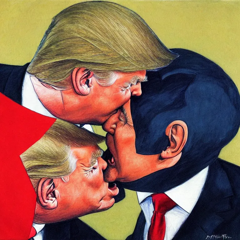 Image similar to putin and trump ftaternal kiss, art by dmitri vrubel