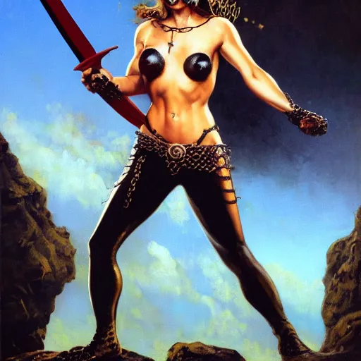 Prompt: A painting of Jennifer Connelly wearing a chainmail bikini and holding a sword ,by by Boris Vallejo , Julie Bell , Brom , Frank Frazetta ,Jeff Easley, cinematic, Norman Rockwell ,trending on artstation , rule of thirds ,HD 4k , focus face , body