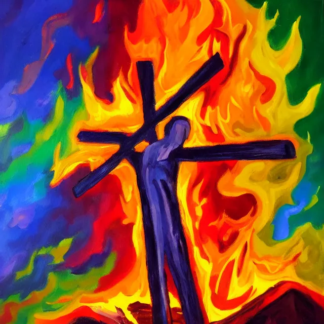 Image similar to cross in flames, fire burning in rainbow colors, oil painting, bold strokes