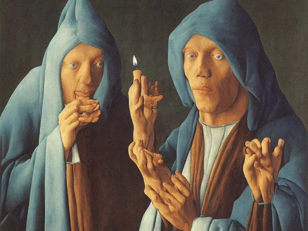 Image similar to Portrait of albino mystic with blue eyes, praying at candle light. Painting by Jan van Eyck, Audubon, Rene Magritte, Agnes Pelton, Max Ernst, Walton Ford