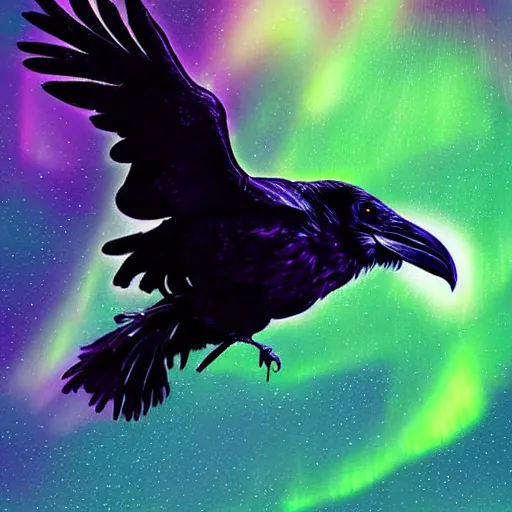 Image similar to detailed digital art, realistic, raven flying through the dark night with a mysterious aurora borealis, by naomi chen, cgsociety