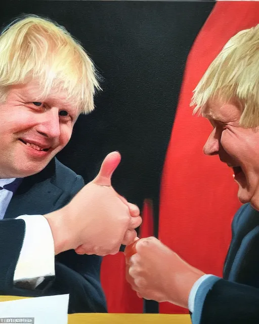 Image similar to an oil painting of uk politician former prime minister boris johnson having a meeting with satan, smiling and shaking hands, 4 k detail