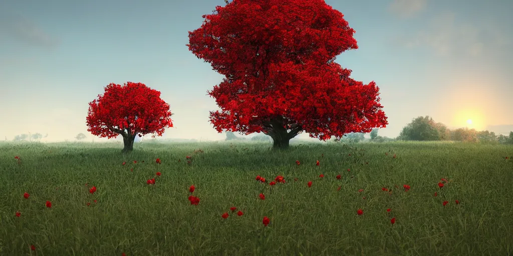 Image similar to a single big red tree in the middle of a battlefield near a bunch of red flowers at sunrise, hyperrealistic, concept art, octane render, unreal engine 5, trending on Artstation, high quality, 8K, dramatic lighting, cinematic, high coherence, highly detailed, Midjourney style, epic scene, path traced, low contrast, complementary colors