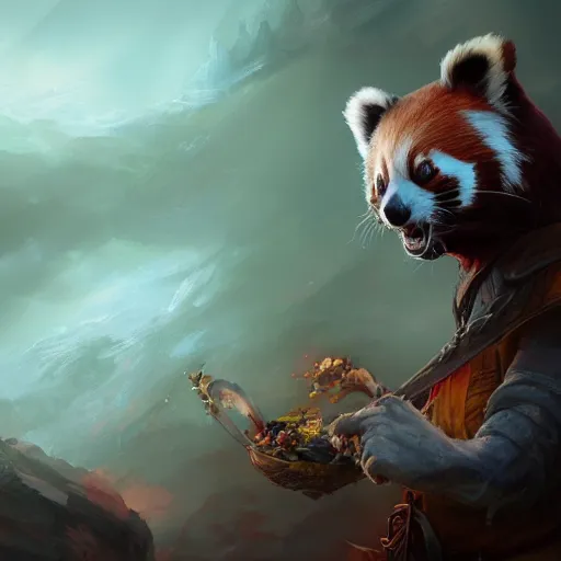 Prompt: Anthropomorphized red panda, D&D, fantasy, cinematic lighting, highly detailed, digital painting, artstation, concept art, smooth, sharp focus, illustration, warm light, cozy warm tint, magic the gathering artwork, volumetric lighting, 8k, no gold, no gold colours, art by Akihiko Yoshida, Greg Rutkowski