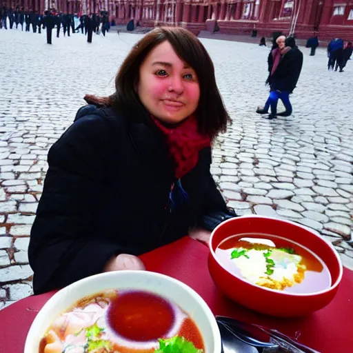 Image similar to Dragon for tales eating russian borsch soup on the Red Square,