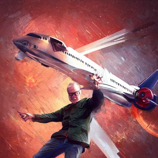 Prompt: Adam Savage, destroying an airplane, in flight, intricate, elegant, highly detailed, digital painting, artstation, concept art, matte sharp focus, illustration