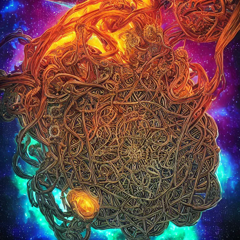 Prompt: a symmetrical intricate hexagonal metal contraption with finely structured nylon string structures connected to skulls with ornate rune carvings and braided lovecraftian tentacles by dan mumford, colorful twirling smoke trails, a twisting vortex of dying galaxies, collapsing stars and supernovae, digital art, photorealistic, vivid colors, highly detailed, intricate